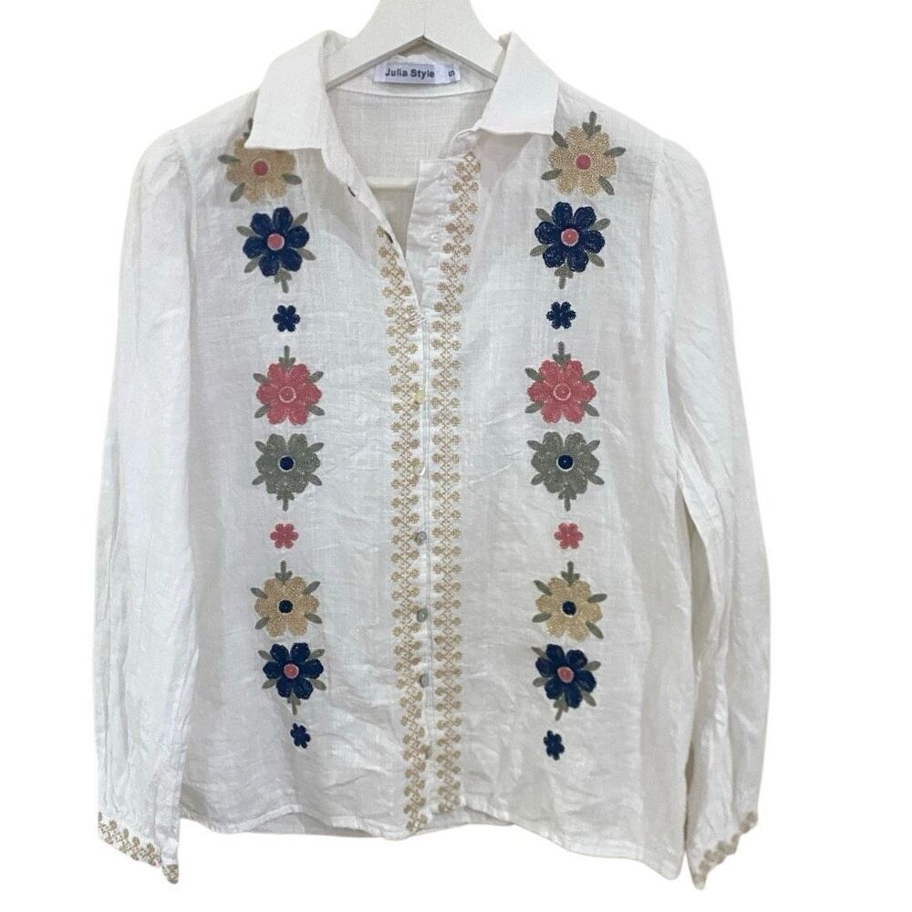 Julia style size, small button up collared blouse, intricate embroidery flowers